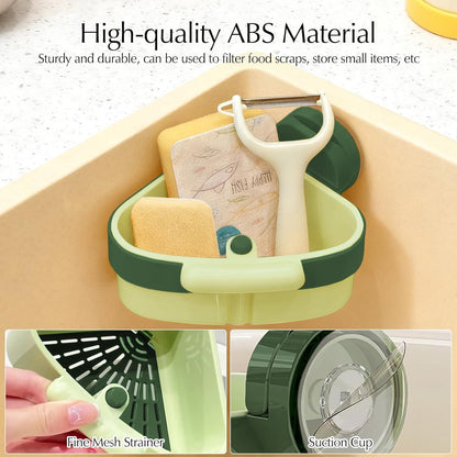 Yeguwithu Suction Cup Corner Sink Strainer, Upgraded Press Sink Drainer Basket, Plastic Sponge Holder, Sink Strainer Basket, Corner Sink Trash Catcher for Kitchen Bathroom, Green