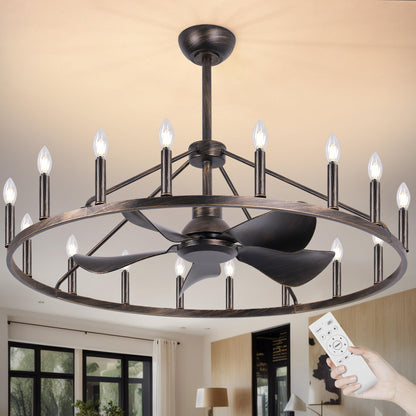 COCOSTAR 44" Antique Bronze Wagon Wheel Chandelier Farmhouse Ceiling Fan with Light and Remote,16-Lights Large Fandelier with Candle,Rustic Big Light Fixture for Living Room Kichen Dining Room