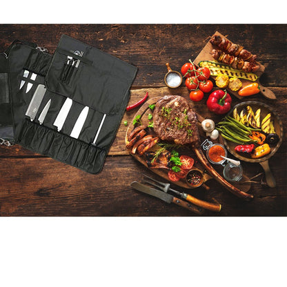 HERSENT Knife Roll,Chef Knife Roll Bag With 17 Slots Can Holds13 Knives,1 Meat Cleaver, And 3 Utensil Pockets,Durable Knife Bag With Handle,Shoulder Strap & Zippered Mesh Pocket Holder