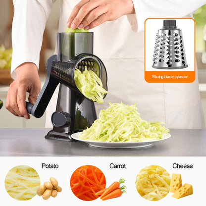 LIOZERIA Rotary Cheese Grater Hand Crank with Suction Base | 3-in-1 Safe Shredder for Cheese, Vegetables & Nuts, Easy to Clean