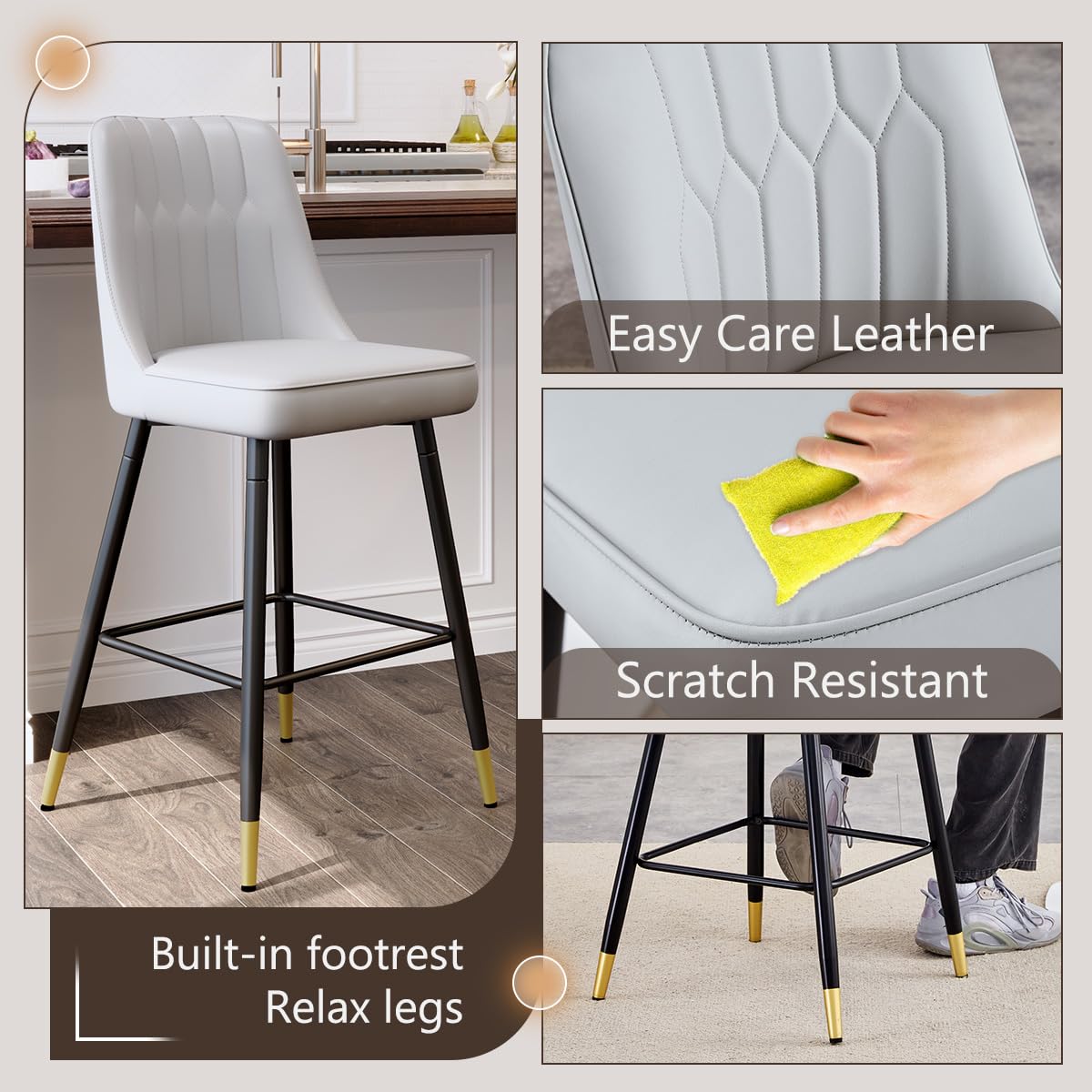 Rejeke 180° Swivel Bar Stools Set of 4, 27" Counter Height Bar Stools with Back, Swivel Light Grey Faux Leather Bar Stools for Kitchen Island, Counter Height Chairs with Metal Legs & Footrest