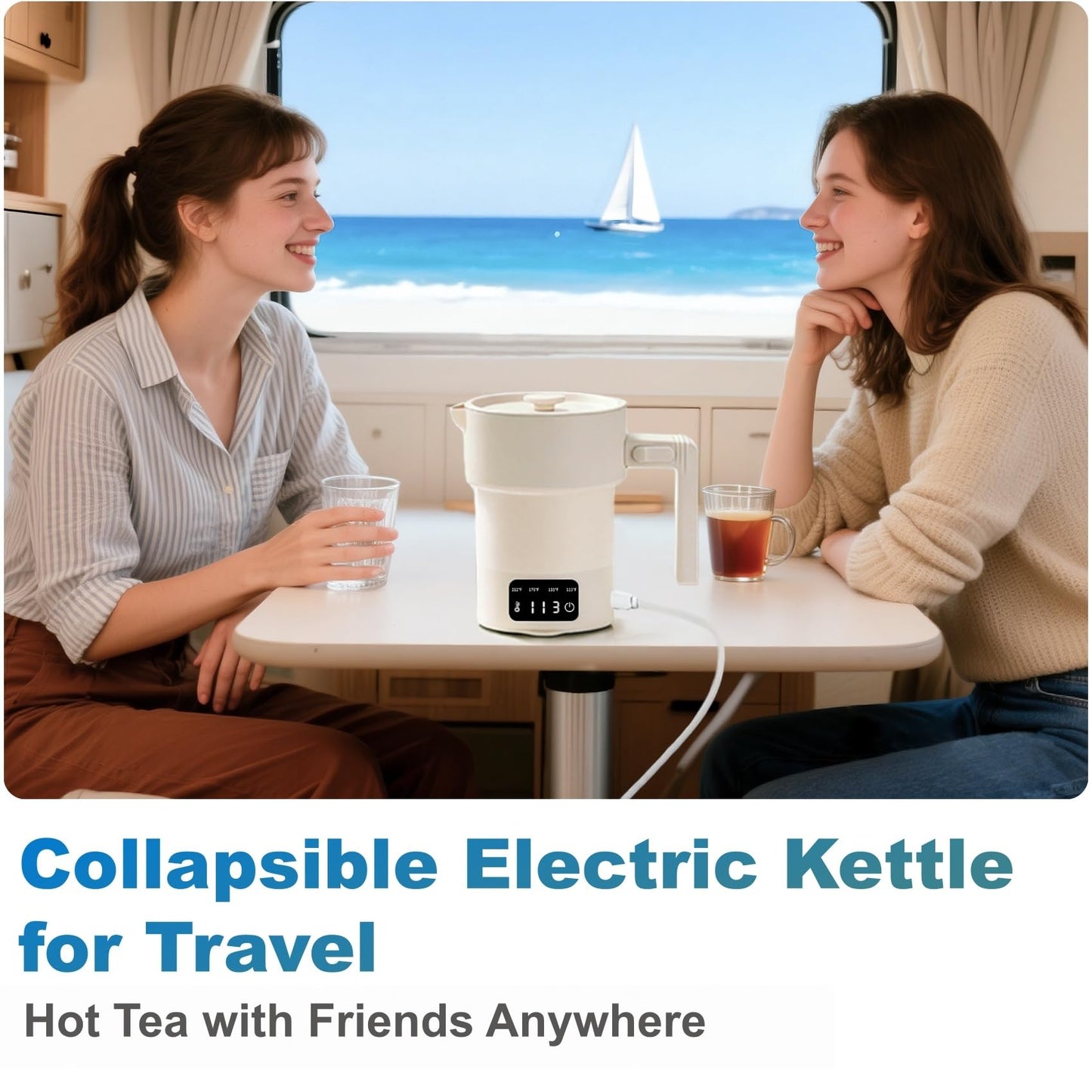 Portable Electric Kettle-600ML Collapsible Electric Kettle，600W Travel Water Boiler with 4-Temp Presets, Food Grade Silicone for Camping,Hotel, Office