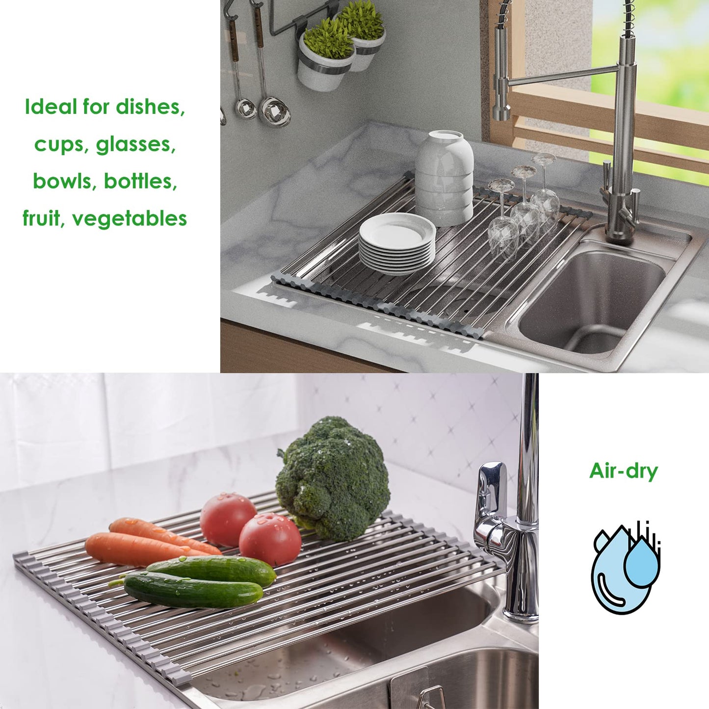 Tomorotec Roll Up Dish Drying Rack, Over The Sink Dish Drying Rack, Portable Stainless Steel Rolling Rack Multipurpose Kitchen Drainer Caddy Organizer Storage Shelf Holder, Gray