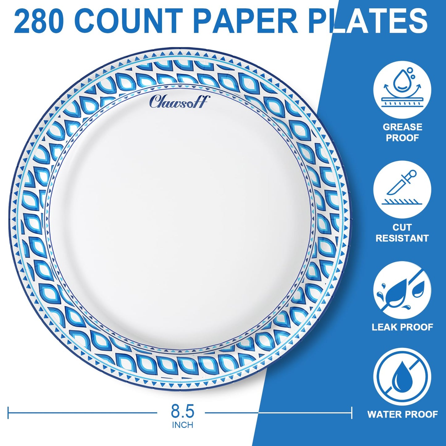 Clawsoff 8.5 Inch Paper Plates Bulk 280 Count, Cut Proof Heavy Duty Paper Plates, Soak Proof Dessert Plate, Disposable Dinner Plate for Party, Birthday and Picnic