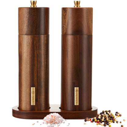 LOYIM Wooden Salt and Pepper Grinder Set 8 Inch Manual Salt and Pepper Mill with Tray Adjustable Coarseness Refillable Wood Grinders with Gold Bottle Label for Kitchen Christmas Home Gift(Wood Color)