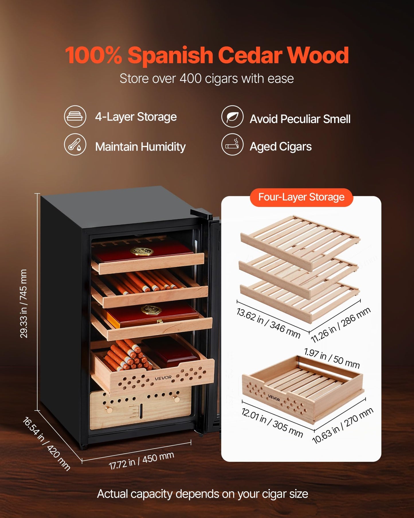 VEVOR Electric Humidor, 70L, 400 Counts Electric Cigar Humidor Cabinet with Compressor Cooling, Constant Humidity & Temperature Control, Spanish Cedar Wood Shelves & Drawers, 4 Layers, for Household