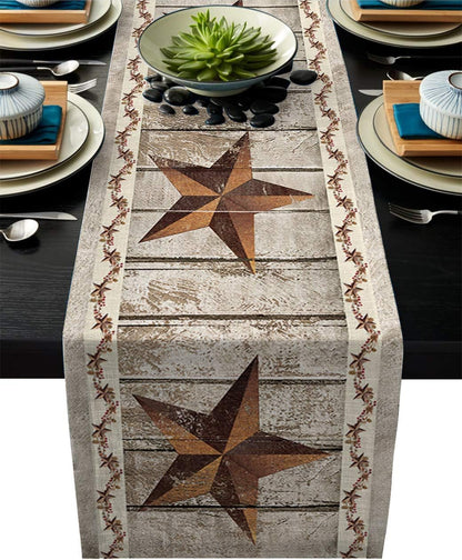 Burlap Table Runner, 70 Inches Long, Western Texas Star Rustic Wood Pattern for Wedding Party Decor