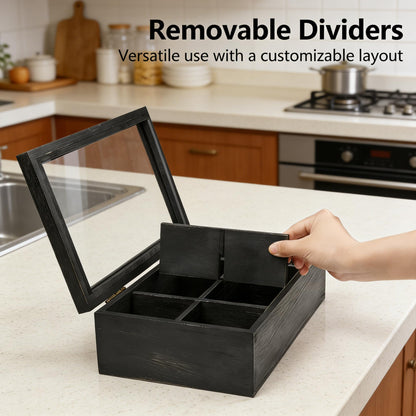 Alsonerbay Wooden Tea Box Tea Bag Holder Kitchen Storage Chest Box for Spice Pouches and Sugar Packets with 8 Compartments and Glass Window Weathered Black