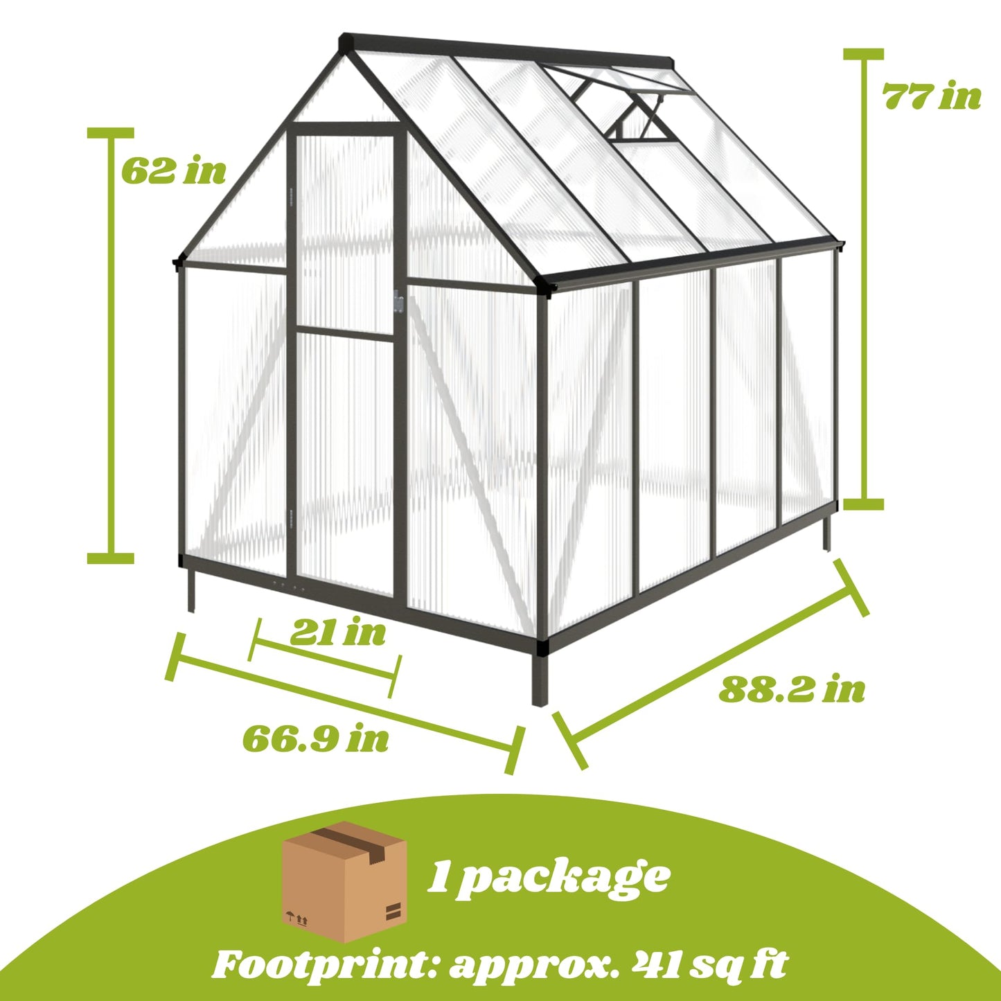 6x8 FT Greenhouse for Outdoors, Polycarbonate Greenhouse with Quick Setup Structure and Roof Vent, Aluminum Large Walk-in Green House for Outside Garden Backyard, Charcoal Black
