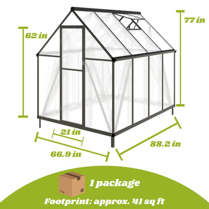 6x8 FT Greenhouse for Outdoors, Polycarbonate Greenhouse with Quick Setup Structure and Roof Vent, Aluminum Large Walk-in Green House for Outside Garden Backyard, Charcoal Black