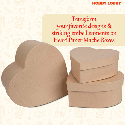 Heart Paper Mache Boxes with Lids (Set of 3) - Brown Kraft Paper Nesting Gift Boxes - Crafting Paper Mache Heart Box with Lid for Custom Decoration - Durable Paper Mache Box for Versatile Storage