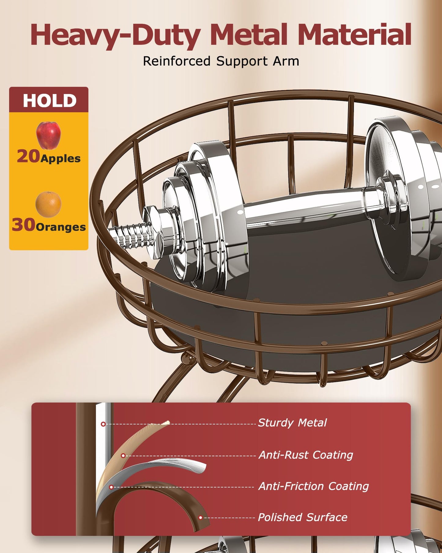 Sevenblue 2 Tier Large Fruit Basket for Kitchen Counter with Removable Banana Hanger - Sturdy Iron Fruit Bowl for Kitchen Counter and Vegetable Holder, Brown, Extra Large
