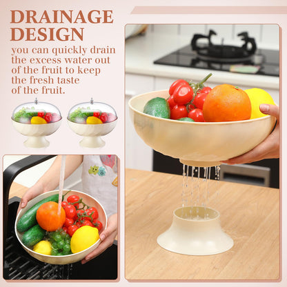 LOYIM 2 Pcs Fruit Bowl with Lid for Kitchen 9.65 Inch Fruit Basket with Draining Holes and Removable Pedestal Fruits Holder for Dining Table Decorations Counter Food Vegetable Storage Accessories