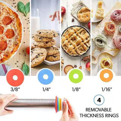Adjustable 17" Rolling Pin with Thickness Rings, Stainless Steel Dough Roller for Pizza, Tortilla, Pie, Pasta, Cookies