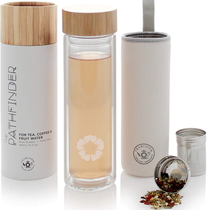 15 oz 450 ml Teabloom All-Beverage Tumbler / Tempered Glass Travel Bottle Hot and Cold Tea Infuser Cold-Brew Coffee