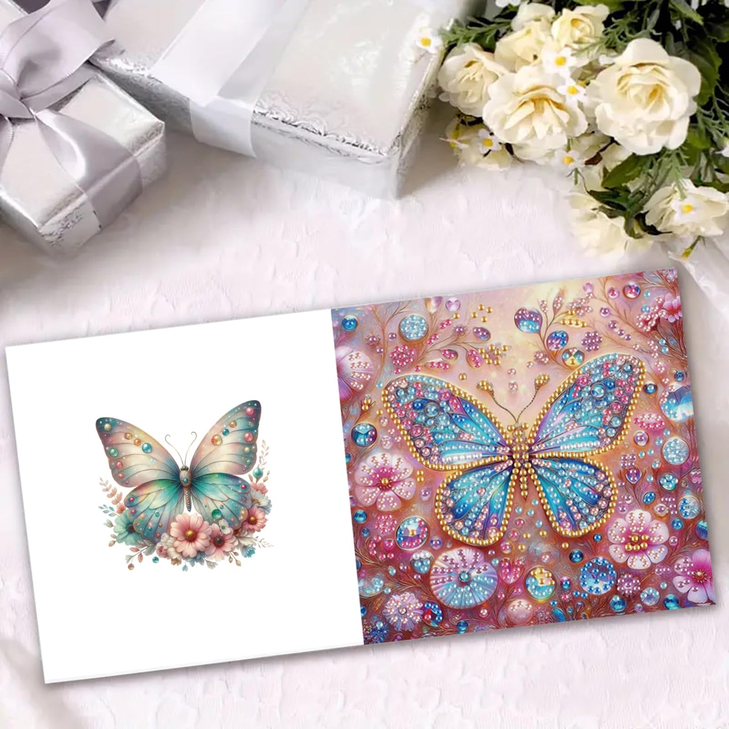 NanBaDa 6pcs Flower Butterfly DIY Diamond Painting Card Set, holiday diamond painting card set, suitable for giving to family and friends, Christmas, Valentine's Day holiday and birthday gifts