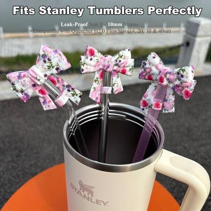 Amreich 3PCs 3D Bow Straw Toppers - Floral Printed Silicone Straw Cover Caps for 10mm Straws, Reusable Tumbler Accessories for Stanley Cup Cute Gifts for Her Valentines Christmas