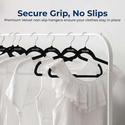 SereneLife Velvet Hangers 100 Pack - Slim Non-Slip Black Clothes Hangers with Chrome 360° Swivel Hook, Durable 10 lbs Capacity for Closet Organization