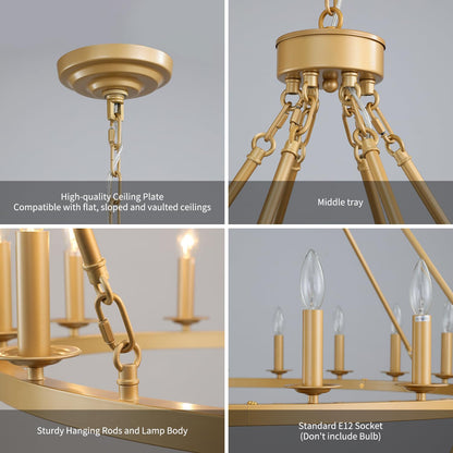 QJMPP Gold Wagon Wheel Chandelier 2 Tier 53-Inch 36-Light,Extra Large Circle Rustic Farmhouse Light Fixture,Round Metal Chandeliers for Foyer Entryway Dining Room Living Room High Ceilings