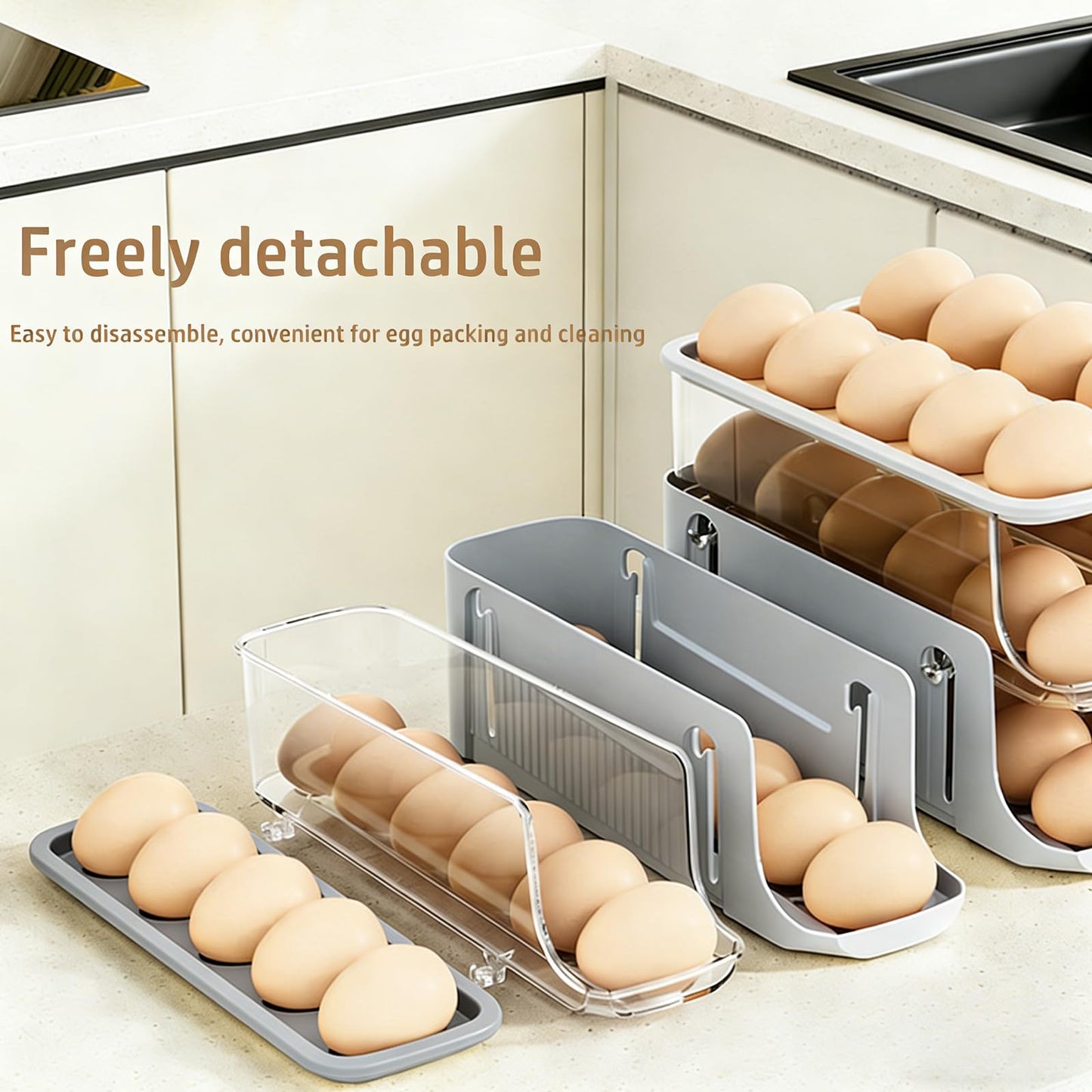Printe Egg Holder for Fridge, Rolling Egg Holder for Refrigerator, Automatic Egg Dispenser Organizer, Egg Storage Container Rack for Refrigerator Countertop, Space Saving Fridge Organizer （Grey）