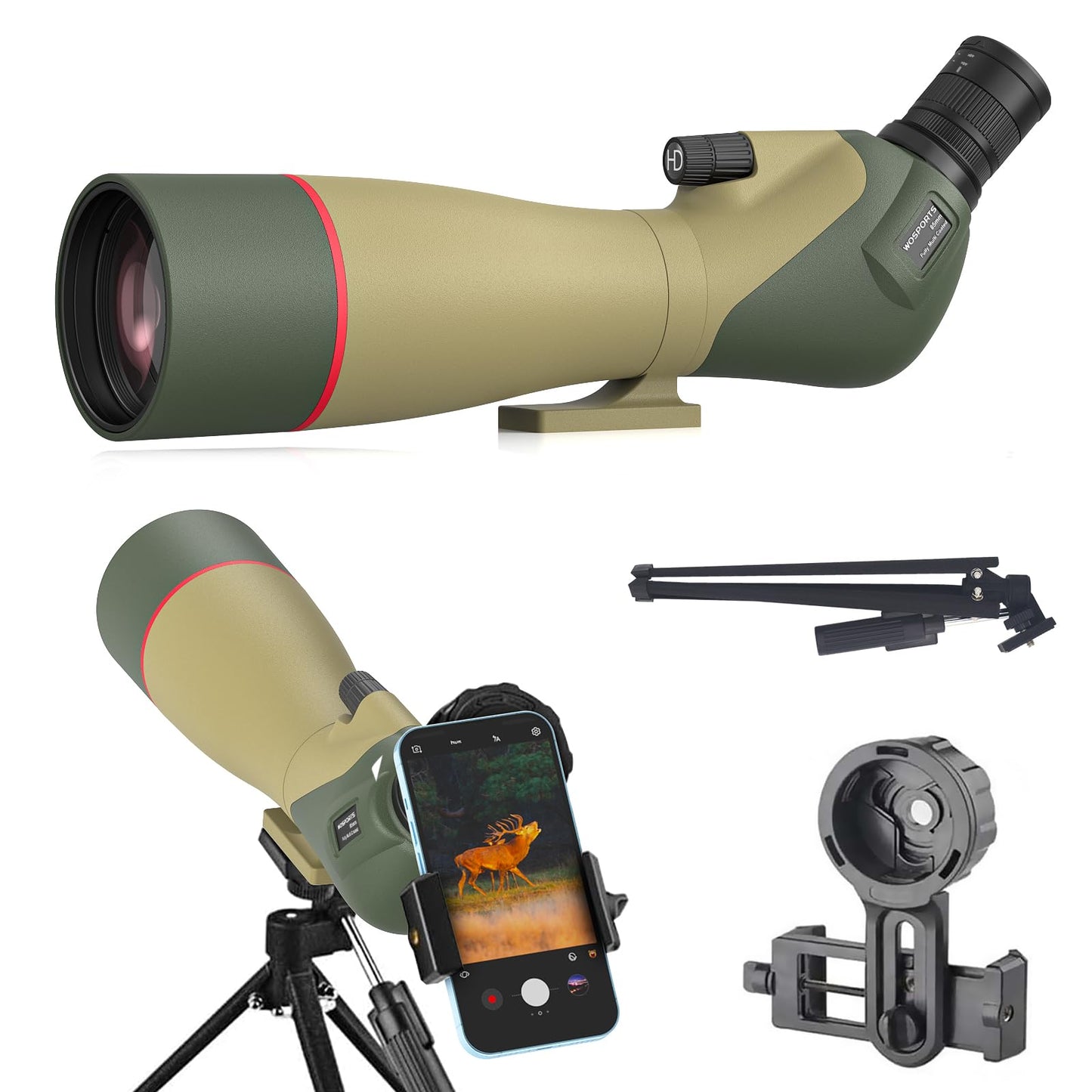 WOSPORTS 25-75x85 Spotting Scopes with Tripod, Carrying Bag, Phone Adapter, HD BAK4 Porro Prism, Waterproof Spotter Scope for Hunting, Target Shooting