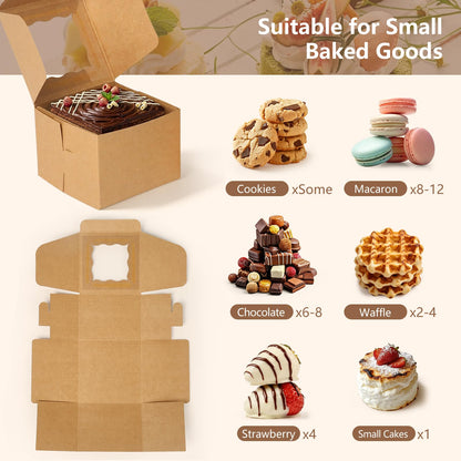 TAOUNOA 80 Pack 4x4x2.5 Inch Cookie Boxes with Window, Kraft Bakery Boxes for Cupcakes, Desserts Treats, Clear View Eco-Friendly Gift Packaging for Baked Goods Party (Brown, 20 pcs Easy to Secure)
