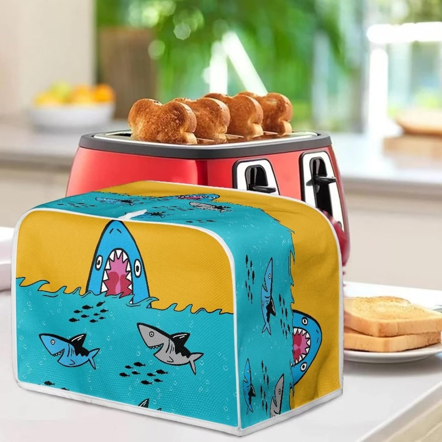 Sharks Toaster Cover for 2 Slice, Dust and Fingerprint Protection for Most 2 Slice Long Slot Toasters, Washable Kitchen