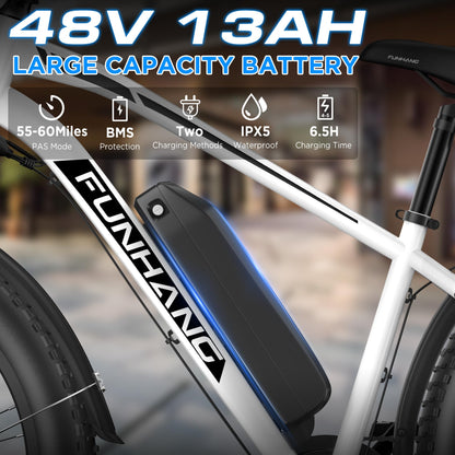 Funhang Electric Bike for Adults, 1000W Peak Ebike, 20MPH 60Miles Electric Mountain Bike, 26" Fat Tire Electric Bicycle with 48V 13AH Battery, Front Suspension,7 Speed, Rear Rack, UL 2849 Certified