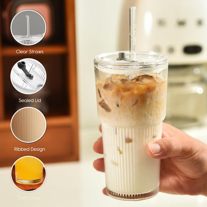 ALINK 20oz Glass Tumblers with Lids and Straws, Set of 2 - Stylish Ribbed Design Drinking Glasses for Iced Coffee Cups, Juice, Smoothies, Cold Beverages, Includes Cleaning Brush, Durable Glassware