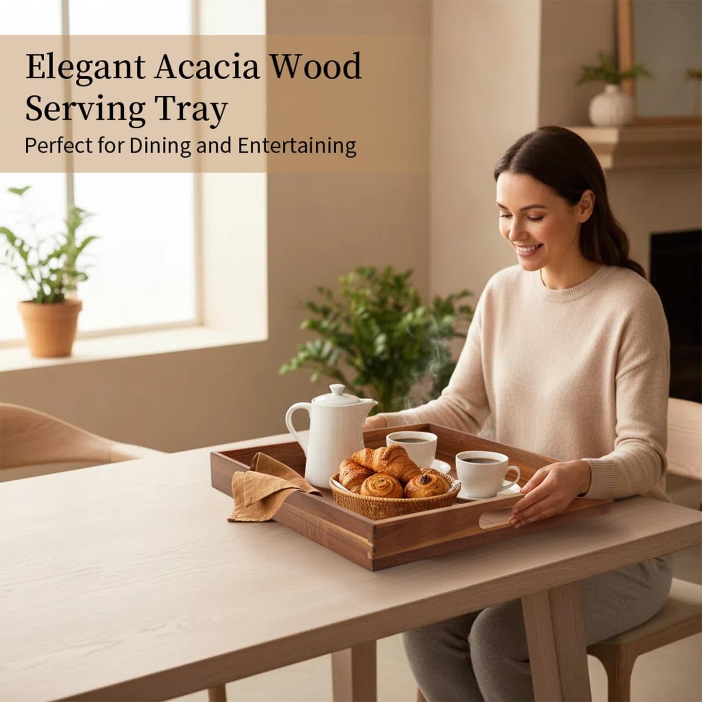 Serving Tray with Handles, 20 Inch Large Square Ottoman Tray Acacia Wood Decorative Tray for Living Room, Ottoman Coffee Table, Kitchen, Appetizers, Breakfast, Patio, Party