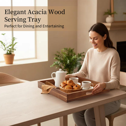 Serving Tray with Handles, 20 Inch Large Square Ottoman Tray Acacia Wood Decorative Tray for Living Room, Ottoman Coffee Table, Kitchen, Appetizers, Breakfast, Patio, Party