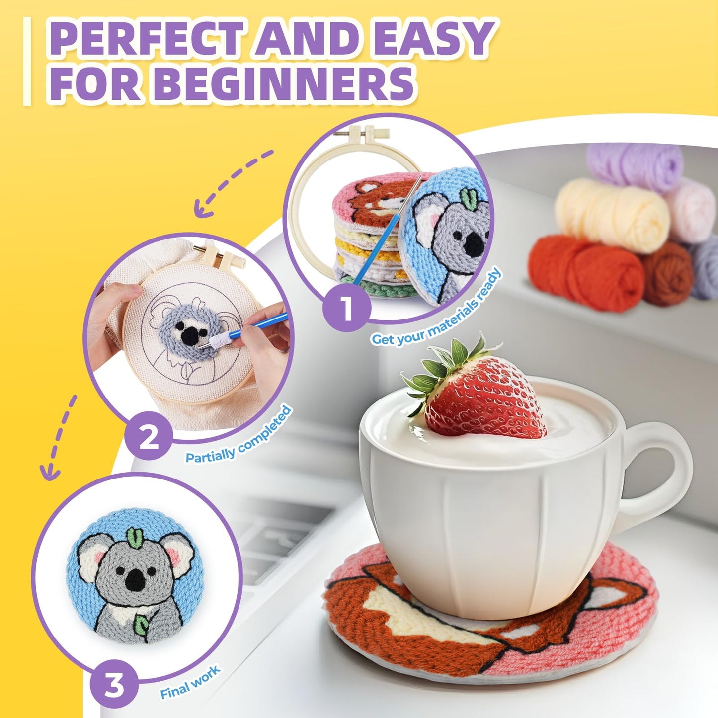 punch needle kit-6,embroidery kit for beginners,punch needle kits adults beginner,needles, curved scissors, a tool storage box, yarn, easy-to-follow instructions, and tutorial videos(6 animal coaster)