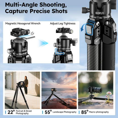 SIRUI Heavy-Duty Carbon Fiber Tripod, 59.8” Pro Tripod with Low Center of Gravity Ball Head, 44lbs Load, 6 Mounting Ports, Corrosion Resistance–for DSLR, Mirrorless, Telephoto, Wildlife（AM-324S+G1）