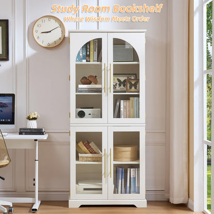 Joaxswe 72" Tall Bookshelf with 4 Curved Glass Doors, Farmhouse Bookcase with 3-Tier Adjustable Shelves, Modern Living Room Display Cabinet, Large Storage Cabinet for Home Office,Dining Room, White