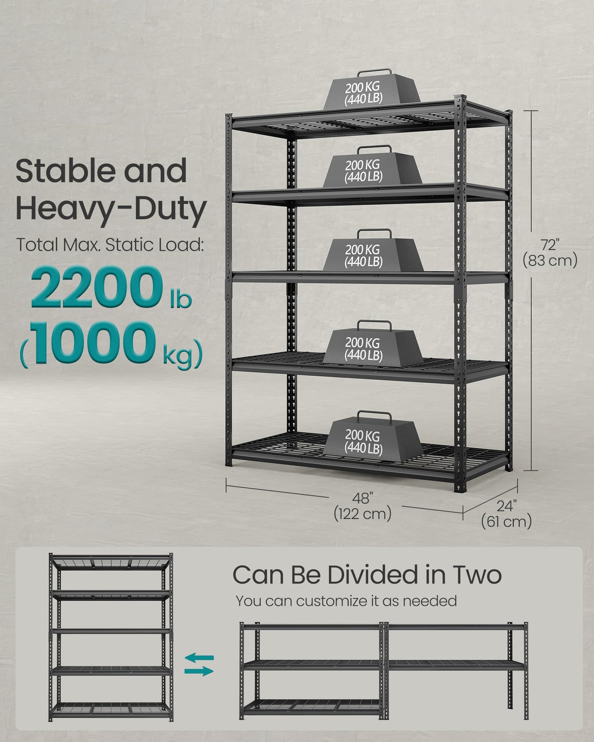 SONGMICS 5-Tier Storage Shelves, Heavy-Duty Garage Shelving, Adjustable Shelving Unit, Steel Shelf, Boltless Assembly, for Garage, 2,200 lb Load, 24 x 96 x 72 Inches, Ink Black UGLR454B02