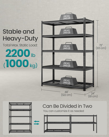 SONGMICS 5-Tier Storage Shelves, Heavy-Duty Garage Shelving, Adjustable Shelving Unit, Steel Shelf, Boltless Assembly, for Garage, 2,200 lb Load, 24 x 96 x 72 Inches, Ink Black UGLR454B02