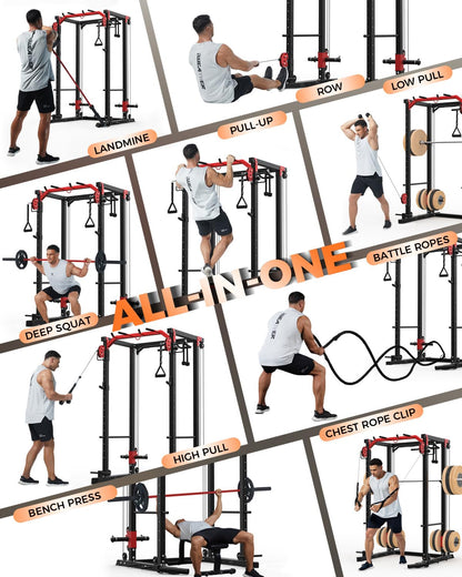 Power Cage, Power Rack with Cable Crossover System, 2000LBS Squat Rack with LAT Pull Down System, Workout Cage with Pulley System for Fitness Home Gym Strength Training