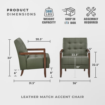 Lexicon Modern Accent Chair, Luxury Genuine Leather Match Living Room Chair with Tufted Cushions, Solid Wood Frame and Arm Rest, Comfy Upholstered Single Seat for Bedroom/Reading/Office, Green