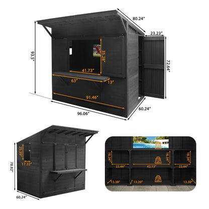 MUPATER 8 x 5 FT Wooden Bar Shed with Metal Roof, Backyard Patio Bar with Slide Front Panels, Outdoor Storage Shed with TV Bracket, Bar Top & Lockable Door, Black