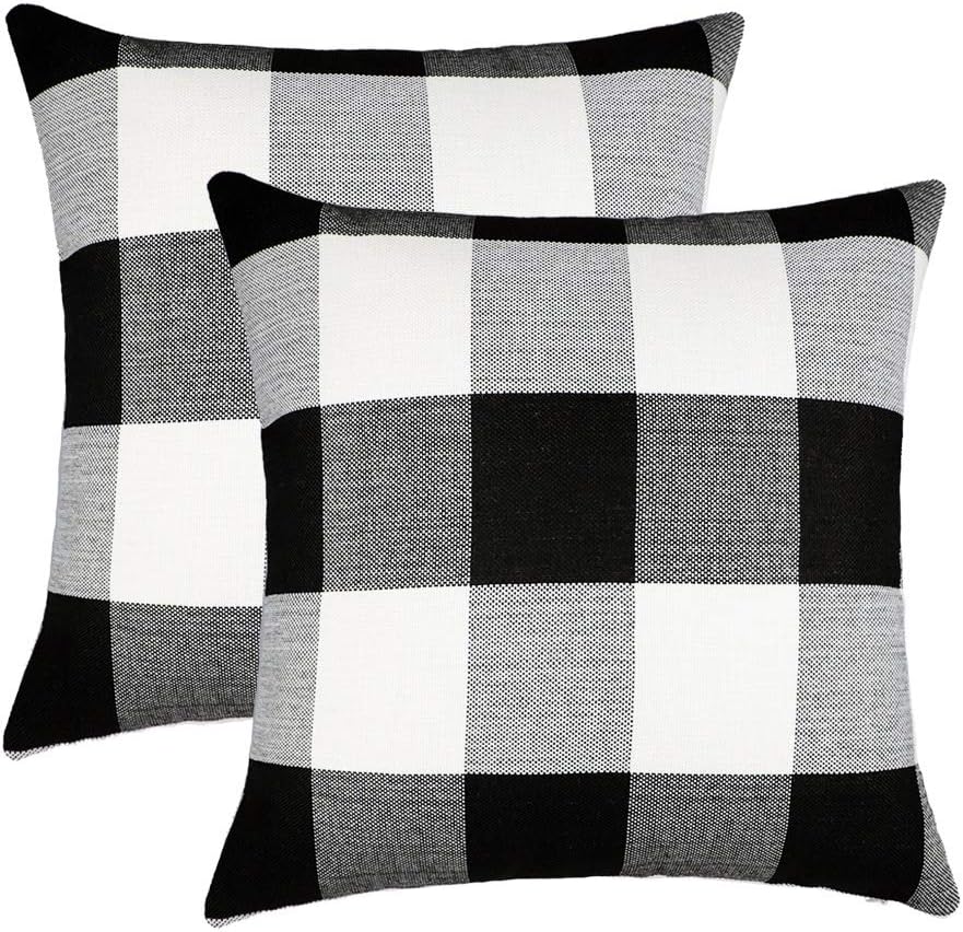 4TH Emotion Set of 2 Black and White Farmhouse Buffalo Check Plaid Throw Pillow Covers, 16 x 16 Inches