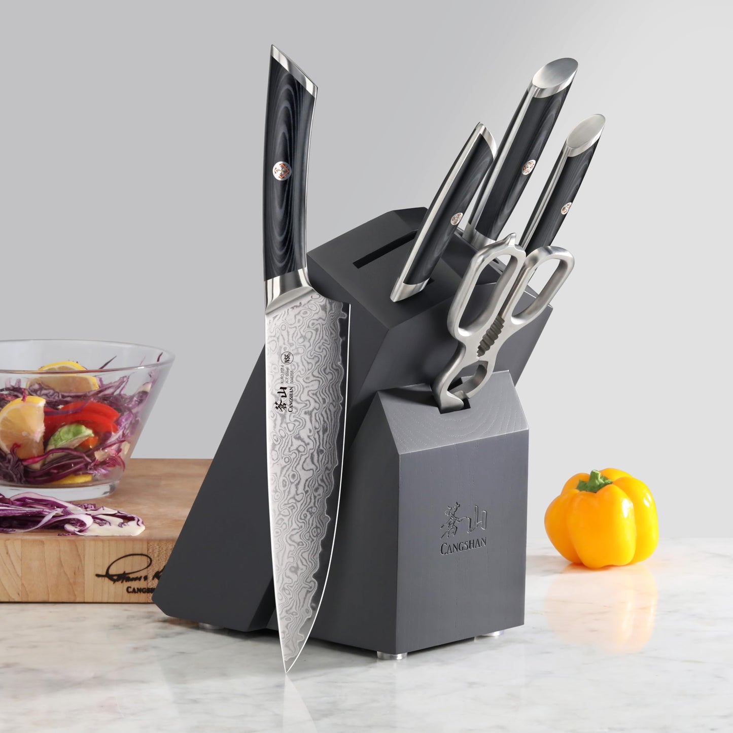 Cangshan KURO Series 6-Piece Knife Block Set, High Carbon X-7 Damascus Steel, Gray, 504333