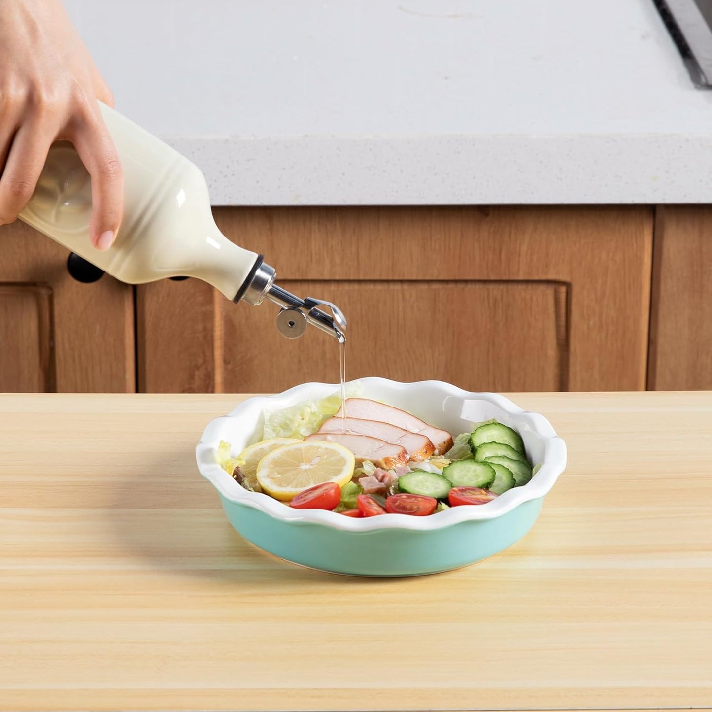 16 Oz 1 Pack(Beige, Sweejar Ceramic Olive Oil Dispenser Bottle, Oil Dispenser for Kitchen with Gravity Spout, Relief