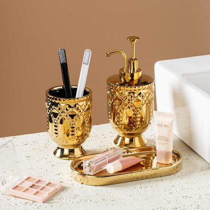 Gold Bathroom Accessories, 3pcs Ceramic Bathroom Set with Toothbrush Holder,Soap Dispenser, Bathroom Tray, Complete Bathroom Decor and Acessories Set