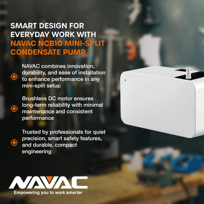 NAVAC NCB10 Mini-Split Condensate Pump - Ultra Quiet Design, HVAC Condensate Pump, Brushless DC Motor - Reliable Performance, Overflow Protection Sensor, 6.7 fl oz Tank Capacity, 10.6 GPH, 39 ft Lift