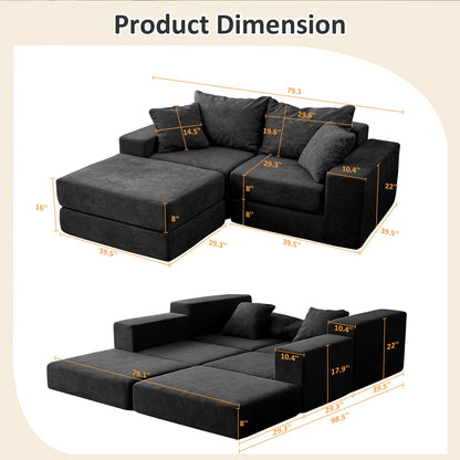 Modular Sectional Loveaeat Cloud Sofa, Boneless Couch with Non Slip Base, Cozy Sleeper Sofa for Customizable Living Spaces, Modern Modular Couch with L-Shape Chaise, Deep Seat & No Assembly, Black