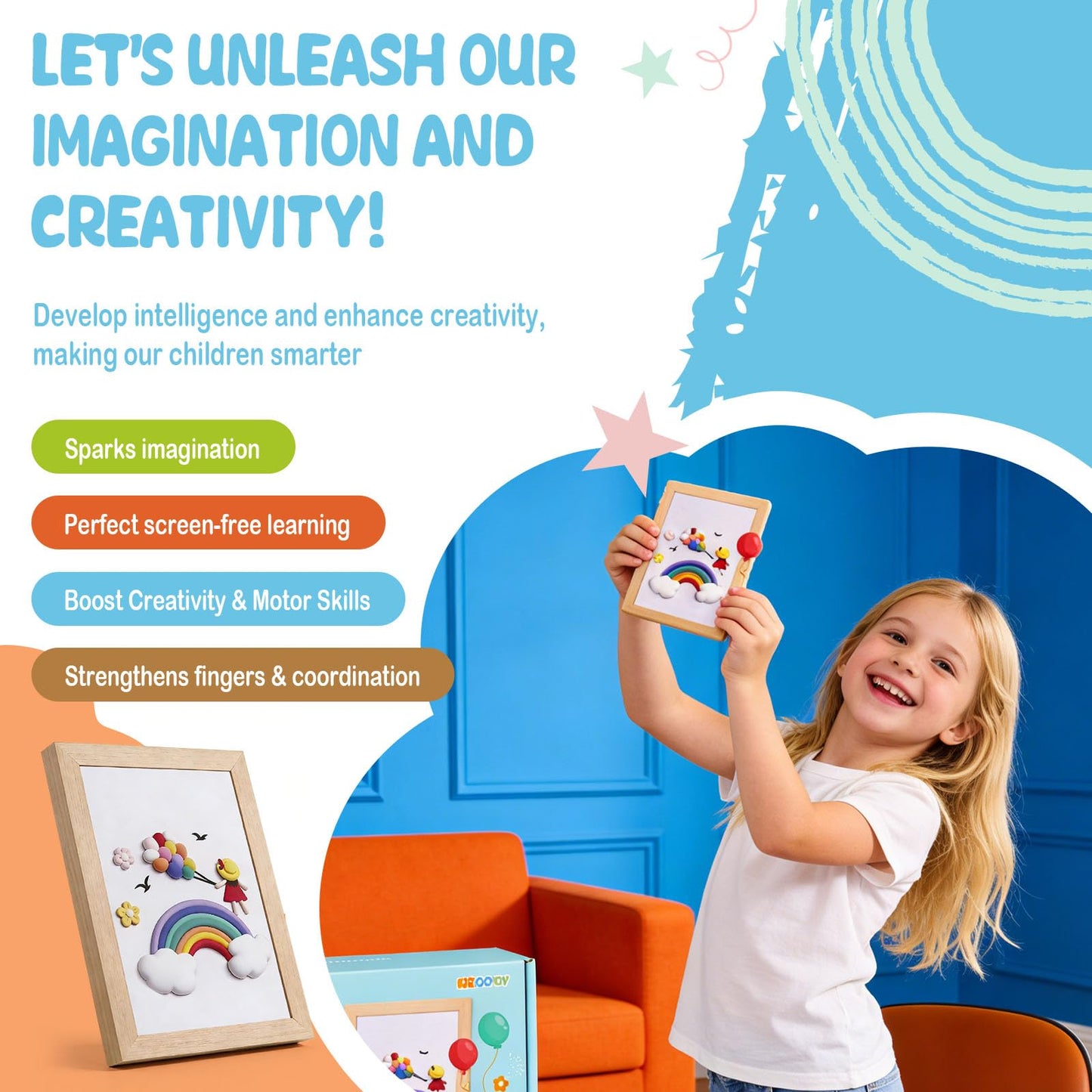 DIY Picture Frame Clay Art Kit for Kids - Rainbow Theme Air Dry Clay Set with Wooden Frame, Tools & Tutorial Cards, Creative Arts and Crafts Gift Set for Children Ages 3+