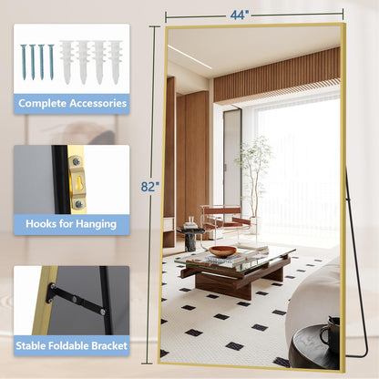 82"X44" Full Length Mirror with Stand, Oversized Floor Mirror Full Length, Tempered Glass Extra Large Free Standing Mirror for Gym Bedroom Living Room Clothing Store, Aluminum Alloy Frame, Gold