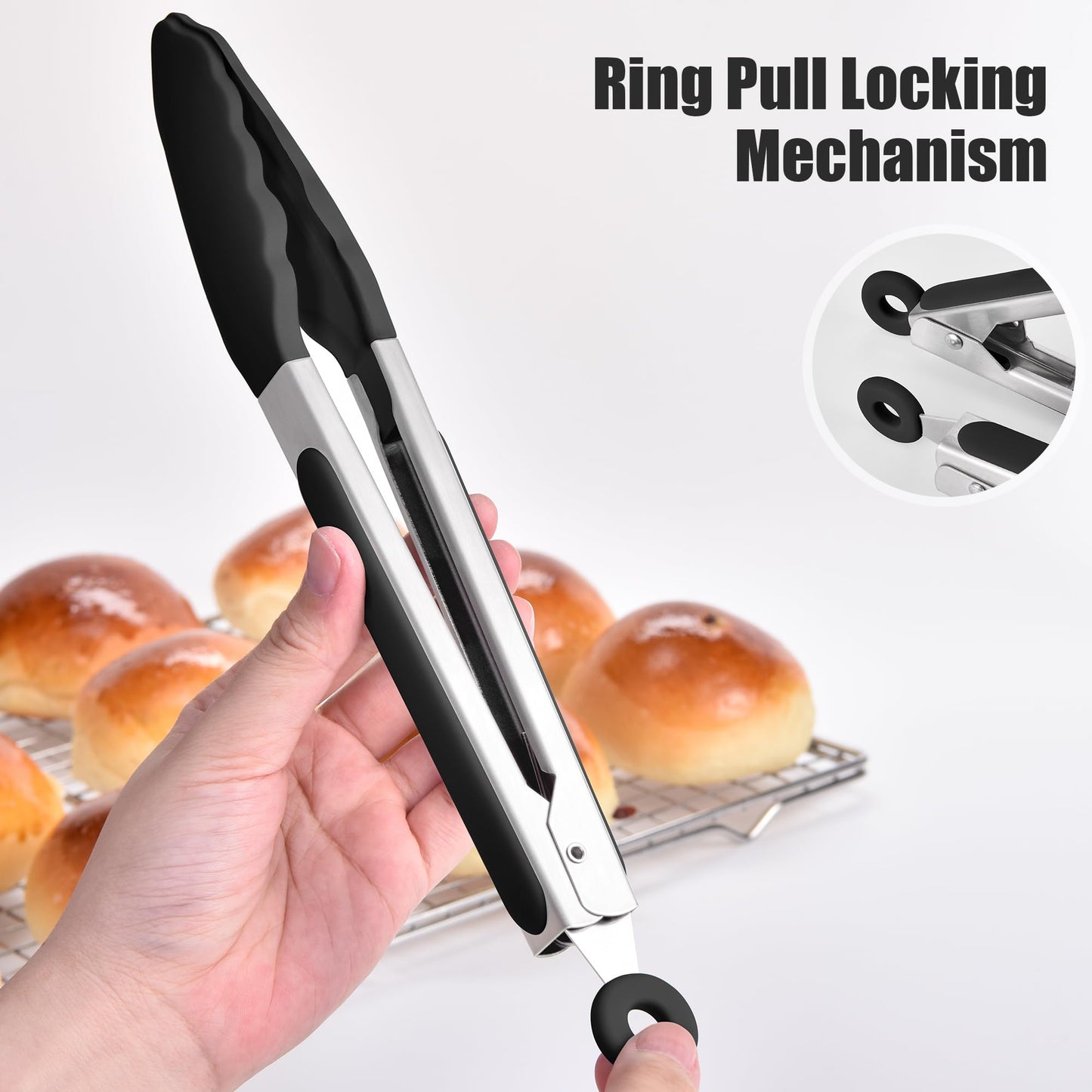 Doosu Kitchen Tongs for Cooking - 600°F Heat Resistant Food Tong Set with Non-Scratch Silicone Tips, Heavy Duty Stainless Steel Locking Tong for BBQ, Grilling Steak, Serving Salad (9+12in, Black)
