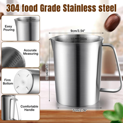 Copkim 4 Pcs Stainless Steel Pitcher with Handle and Pour Lip 16OZ, 500ML, 2 Cup Metal Liquid Measuring Cup Measuring Jug Milk Frothing Pitcher for Milk Latte Art Water Pouring