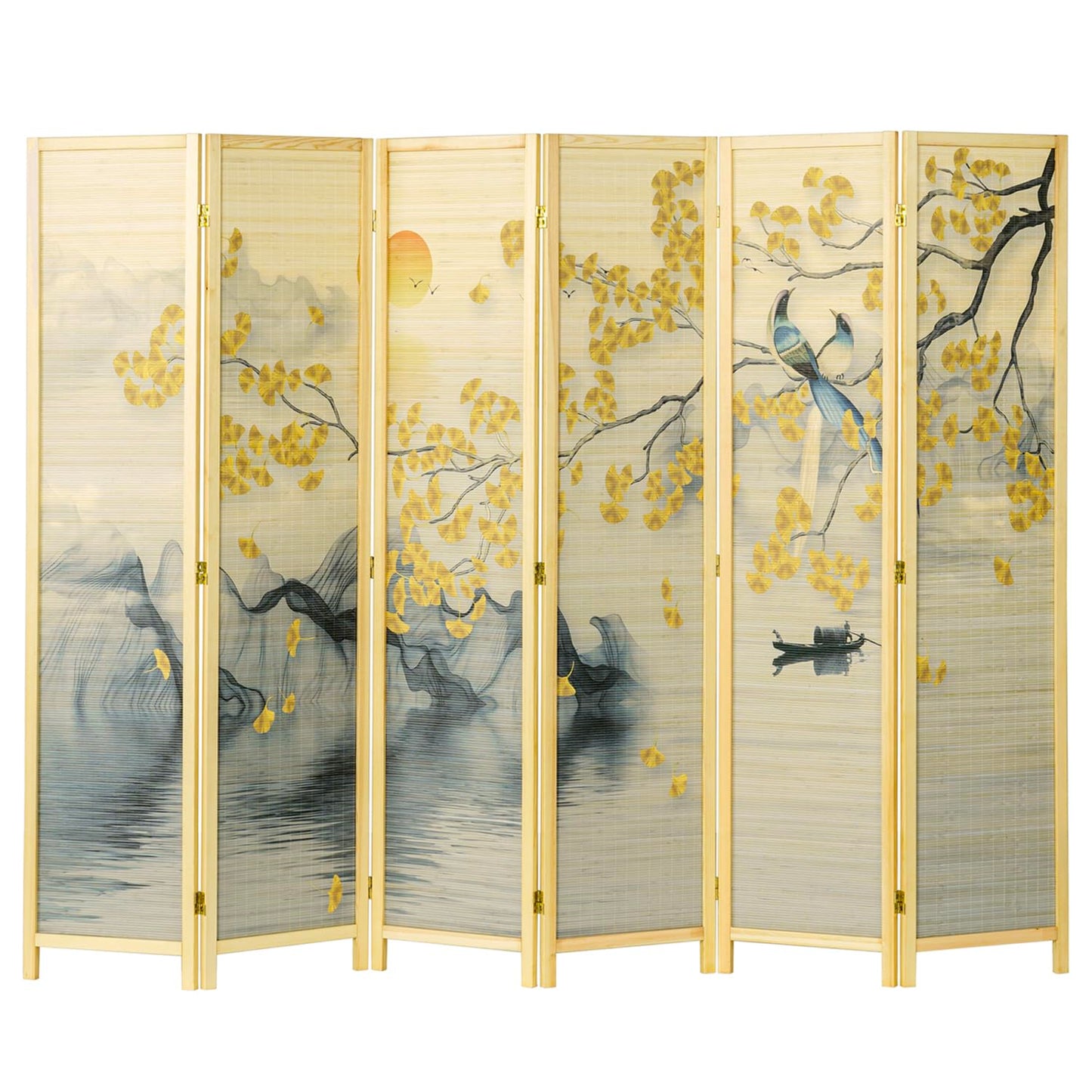 MyGift 6 Panel Large Bamboo Room Divider with Dual Sided Asian Birds Gingko Biloba Tree Sunset Design Print, 6FT Freestanding Artwork Privacy Partition Folding Screen with Beige Solid Wood Frame